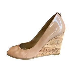 Stuart Weitzman Anna Cork Wedge Sandals Nude Patent Leather